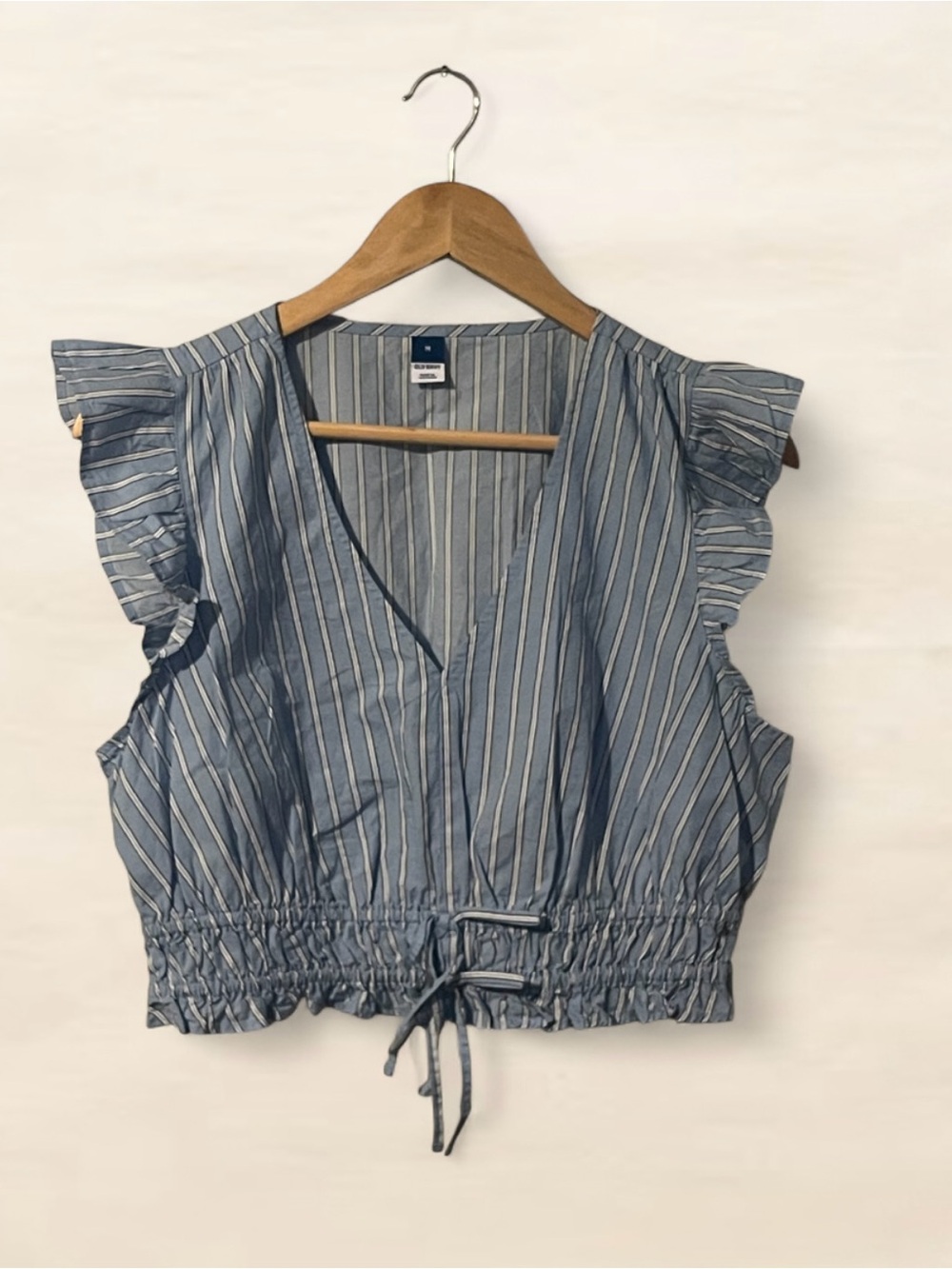 Old Navy blue white striped ruffle sleeve tie waist crop top M